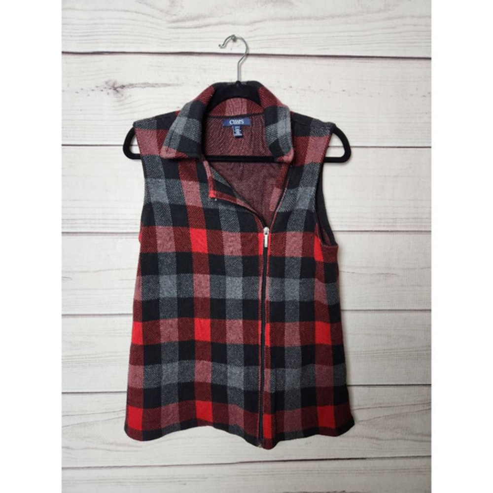 Chaps Womens Jacket Coat‎ Multicolor Red Buffalo Plaid Collar Asymmetrical Zip M